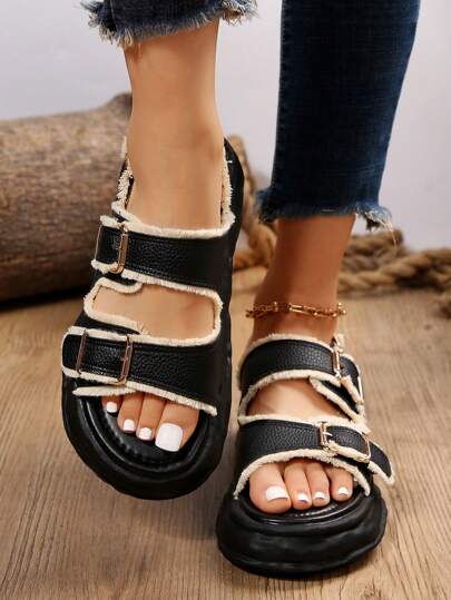 Raw Trim Decor Open Toe Flatform Sandals, Fashion For Women Sandals