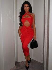 Appliques Detail Cut Out Halter Neck Bodycon Dress - Red - View 1