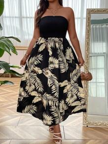 SHEIN Holidaya Plus Tropical Print Tube Dress - Black - View 1