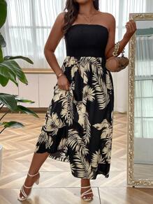 SHEIN Holidaya Plus Tropical Print Tube Dress - Black - View 4