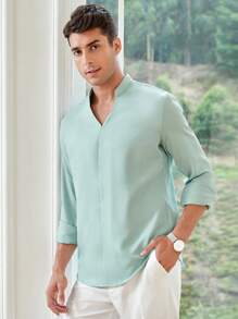 Manfinity NiteLyfe Camicia a maniche lunghe da uomo con collo inciso, vestibilità ampia e tinta unita - Menta Verde - Visualizzare 1