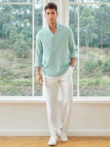 Manfinity NiteLyfe Camicia a maniche lunghe da uomo con collo inciso, vestibilità ampia e tinta unita - Menta Verde - Visualizzare 7
