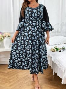 Đầm Plus Size Tương phản Mesh Hoa Boho - màu đen - Xem 1