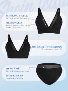 SHEIN Swim Curve Plus Size Contrast Mesh Bikini Set Summer Beach - Black - View 1