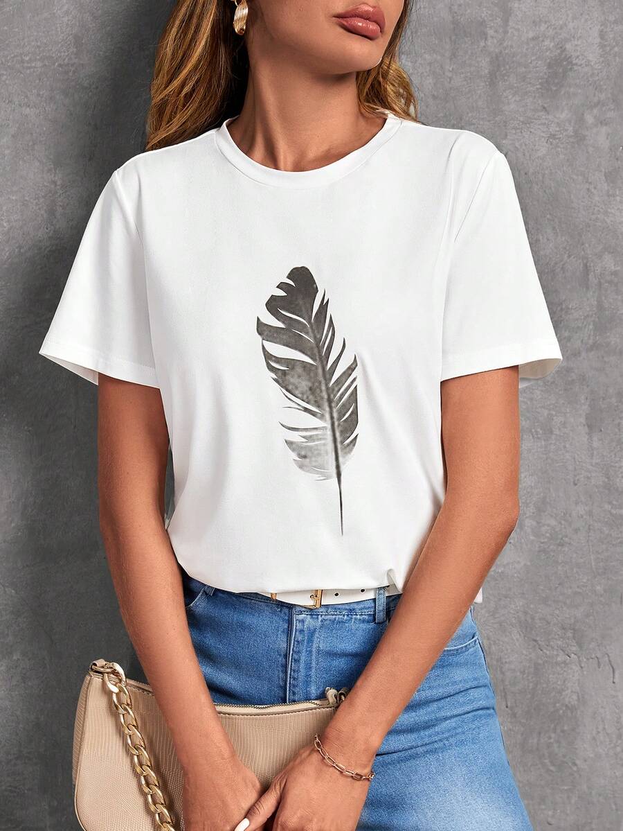 SHEIN LUNE 羽毛印花圓領T恤 - 白色 - 查看 1