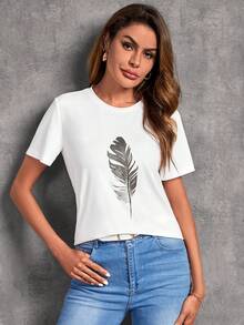 SHEIN LUNE 羽毛印花圓領T恤 - 白色 - 查看 3