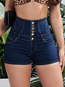 Ultra High Waist Button Fly Denim Shorts - Dark Wash - View 1
