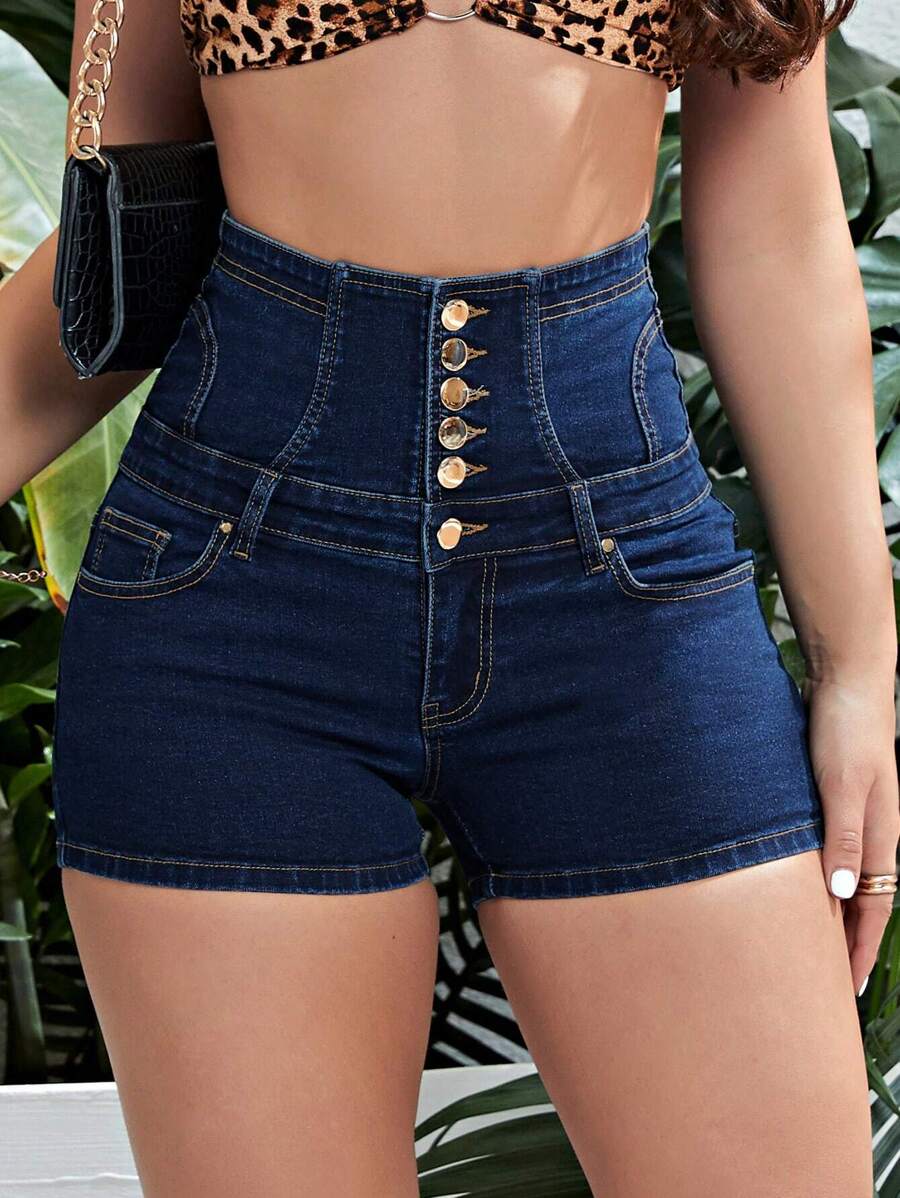 Ultra High Waist Button Fly Denim Shorts - Dark Wash - View 1