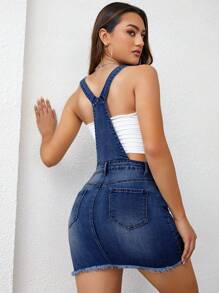 Váy yếm denim tua rua viền tua rua có túi nắp, không có áo hai dây - Rửa tối - Xem 2