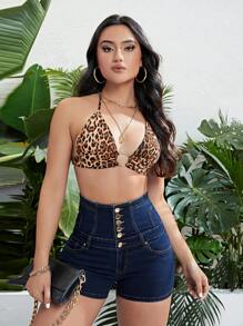 Ultra High Waist Button Fly Denim Shorts - Dark Wash - View 4