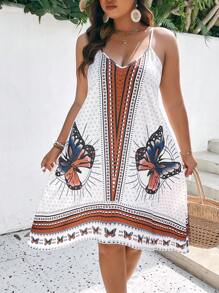 SHEIN LUNE 大碼蝴蝶圖案吊帶連衣裙 - 彩色 - 查看 4