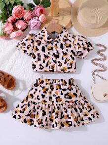 SHEIN Baby Leopard Print Puff Sleeve Shirt & Ruffle Hem Skirt Set - Multicolor - View 1