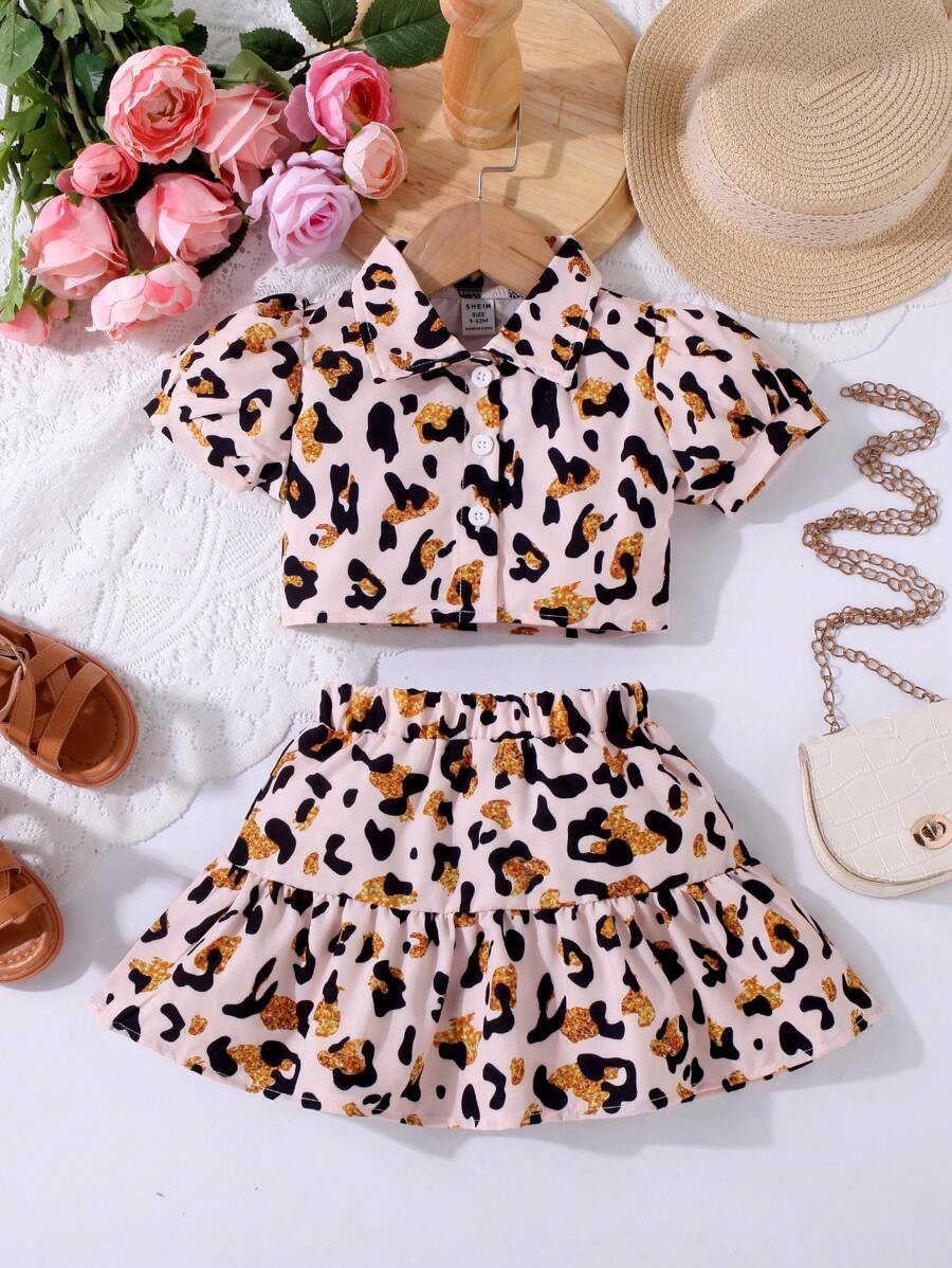 SHEIN Bộ đồ Em bé Viên lá sen Nút phía trước In hoa Báo - Nhiều màu - Xem 1