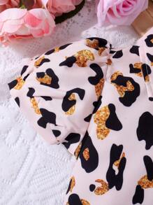 SHEIN Baby Leopard Print Puff Sleeve Shirt & Ruffle Hem Skirt Set - Multicolor - View 4