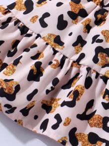 SHEIN Baby Leopard Print Puff Sleeve Shirt & Ruffle Hem Skirt Set - Multicolor - View 5