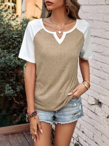 SHEIN LUNE 撞色插肩袖缺口領T恤 - 卡其色 - 查看 6