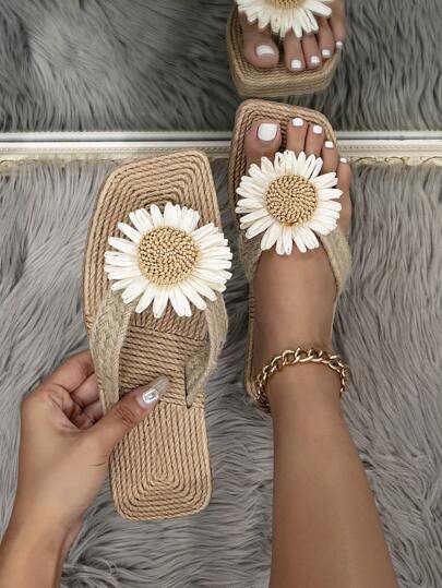 女士花卉裝飾人字拖，度假亞麻人字拖