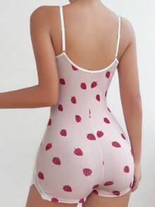 Strawberry Print Lace Trim Cami Romper - Baby Pink - View 2