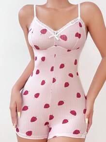 Strawberry Print Lace Trim Cami Romper - Baby Pink - View 3