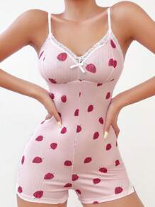 Strawberry Print Lace Trim Cami Romper - Baby Pink - View 4