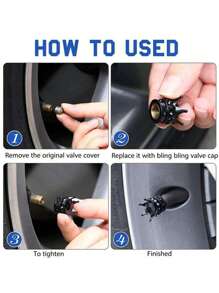 4入組水鑽裝飾王冠形狀汽車輪胎氣門嘴蓋 - 黑色 - 查看 8