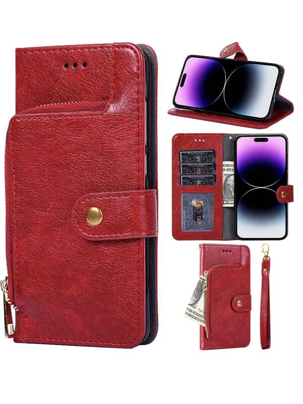 keyunfei محفظة عملات حمراء بسحاب متعددة الأغراض مع حزام معصم جلد Pu ، حافظة محفظة انعطافية تتوافق مع ايفون و شاومي و هواوي و هونر و أوبو و وان بلس و نوكيا و ريلمي