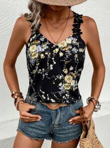 SHEIN LUNE Floral Print Guipure Lace Panel Wide Strap Top - Black - View 3