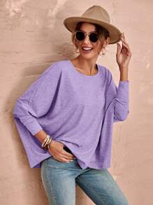 SHEIN LUNE 蝙蝠袖素色T恤 - 淡紫色 - 查看 4