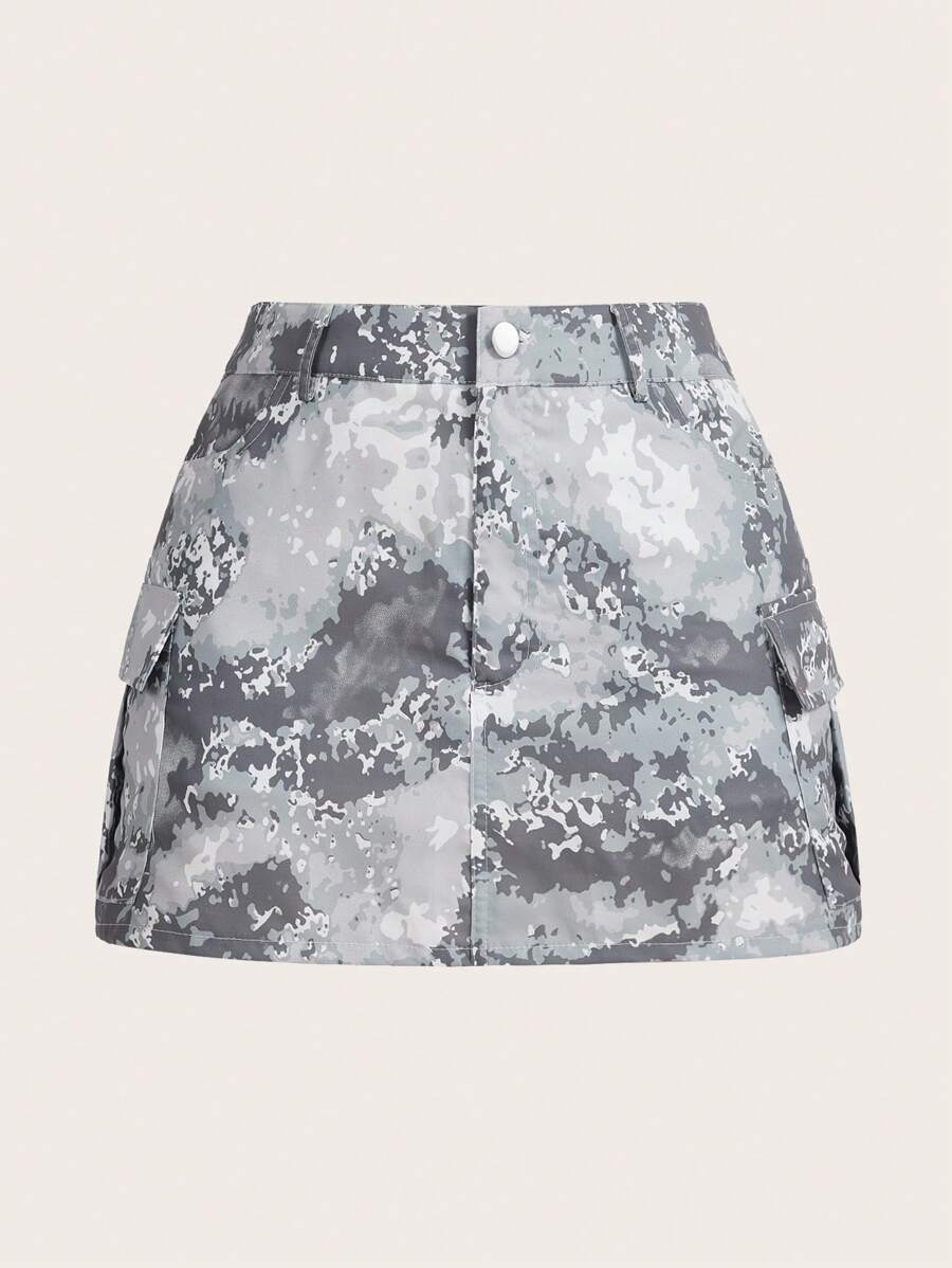 SHEIN EZwear 迷彩印花翻蓋口袋工裝裙 - 彩色 - 查看 1