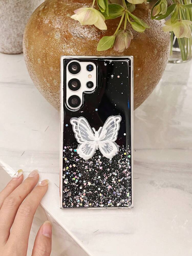 Sequin & Butterfly Decor Phone Case,International Version, Not The Domestic Version