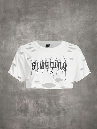 Letter Graphic Ripped Crop Tee