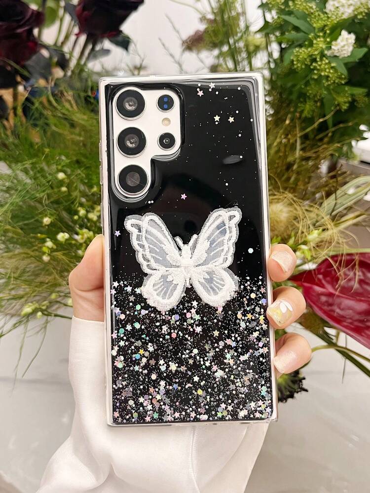 Sequin & Butterfly Decor Phone Case,International Version, Not The Domestic Version