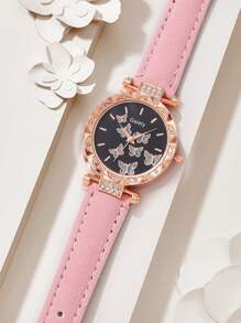 GAIETY 6 Cái/bộ Nữ Dây Da Đồng Hồ Đeo Tay Thạch Anh Bướm Vòng Cổ Ngôi Sao Vòng Tay Vòng Bông Tai - Hồng - Xem 3