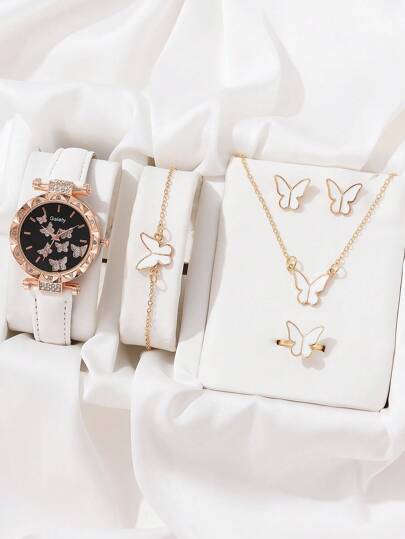 GAIETY 6pcs/Set Ladies Watch Women Leather Strap Quartz Watch Butterfly Stars Necklace Bracelet Ring Earrings Holiday