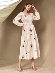 Mulvari 花卉刺繡方領燈籠袖荷葉邊洋裝 - 白色 - 查看 5