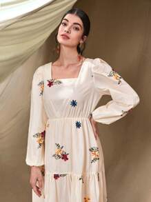 Mulvari 花卉刺繡方領燈籠袖荷葉邊洋裝 - 白色 - 查看 6