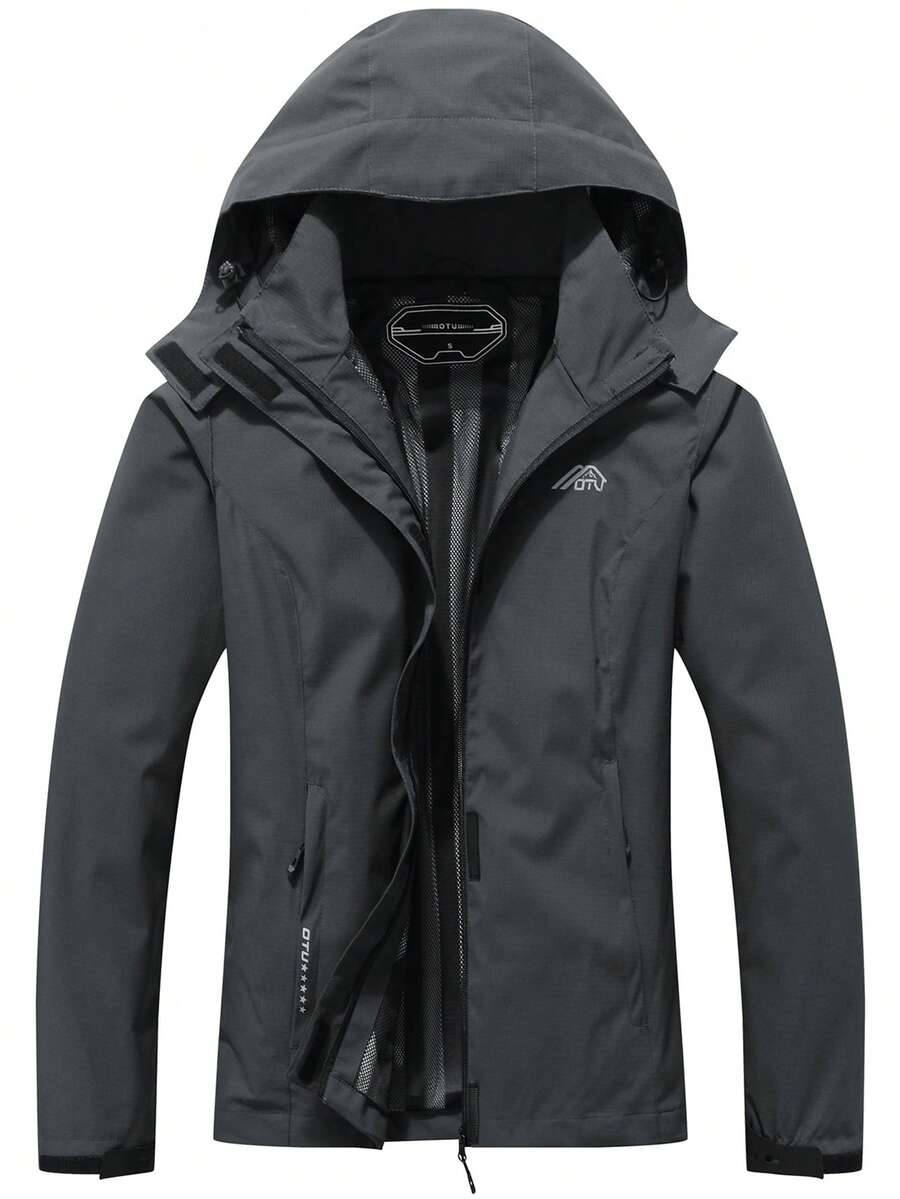 Letter Graphic Zip Up Hooded Jacket - Dark Grey - View 1