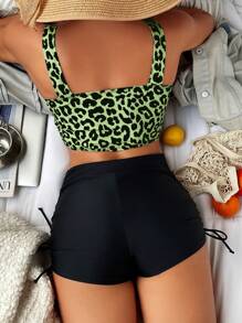 SHEIN Swim Summer Beach Leopard Print Drawstring Side Shorts Bikini - Multicolor - View 2