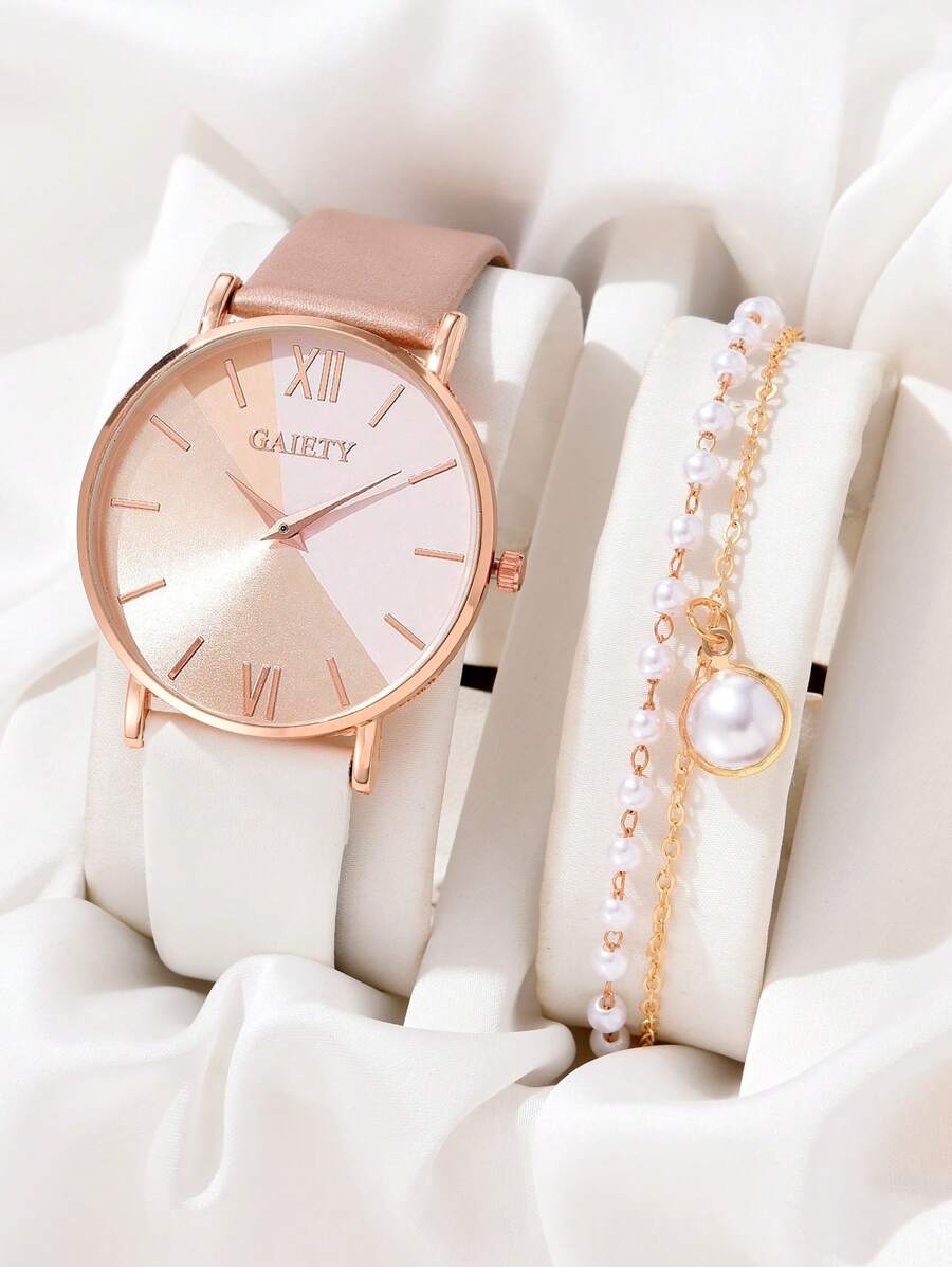 GAIETY 1入女士腕錶極簡圓形指針石英錶＆1入手鐲度假套裝 - 彩色 - 查看 1
