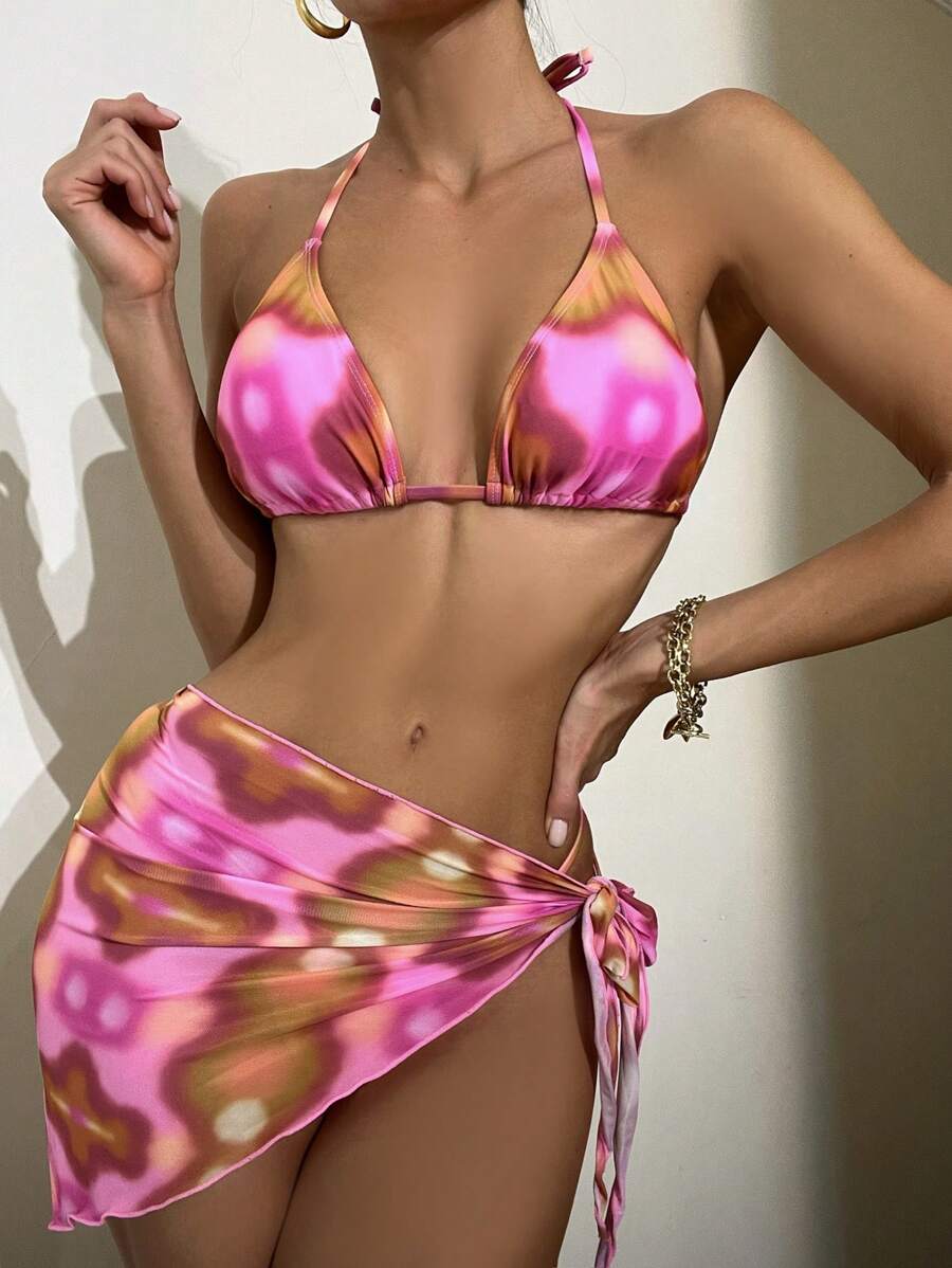 紮染掛脖三角杯比基尼泳裝附沙灘裙 - 彩色 - 查看 1