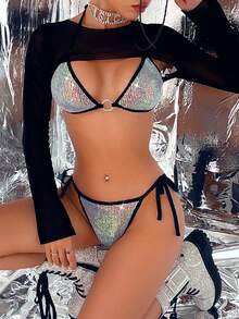 亮片三角杯比基尼上衣附罩衫 - 彩色 - 查看 3