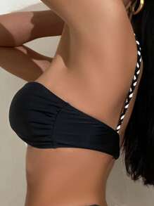 Colourblock One Shoulder Bikini Top - Black and White - View 3