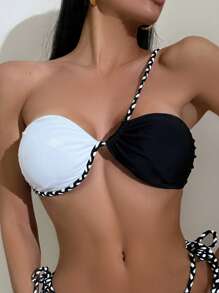 Colourblock One Shoulder Bikini Top - Black and White - View 4