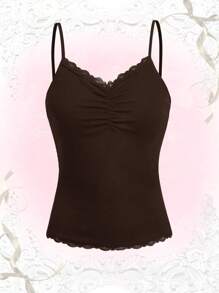 ROMWE 蕾絲拼接褶邊吊帶上衣 - 巧克力棕 - 查看 1