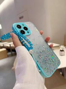 Sequin Decor Phone Case With Lanyard - Blue - View 3