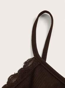 ROMWE 蕾絲拼接褶邊吊帶上衣 - 巧克力棕 - 查看 3