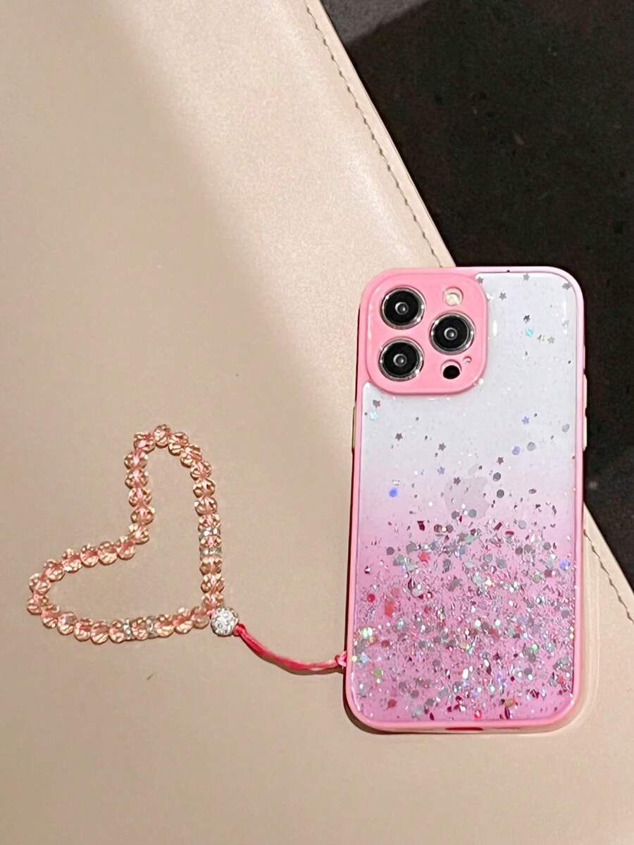 Funda de teléfono con decoración de lentejuelas y cordón - Rosa - Ver 1