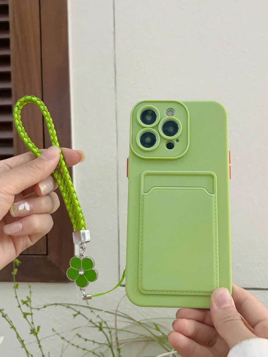 Plain Phone Case With Card Slot & Lanyard - Green - View 1