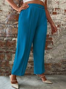 SHEIN Clasi Quần Plus Size Chuỗi màu trơn Thanh lịch - Màu xanh ngọc - Xem 3
