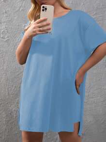 SHEIN LUNE Plus Split Hem Tee & Cycling Shorts - Baby Blue - View 4